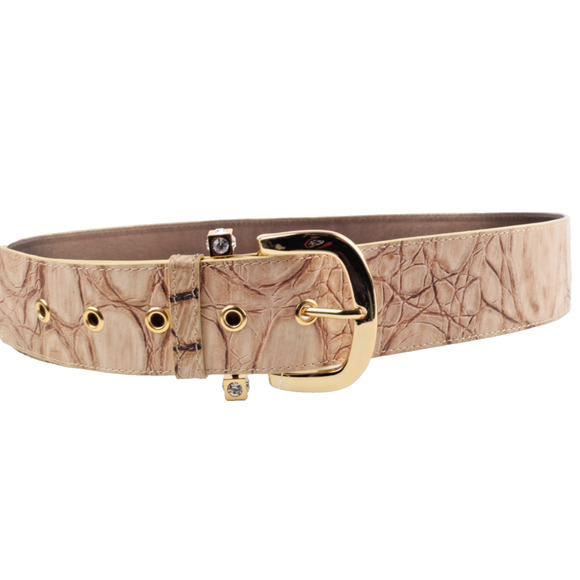 Beige Embossed Leather Wide Adjustable Waist Belt Size 46 Gold Buckle
